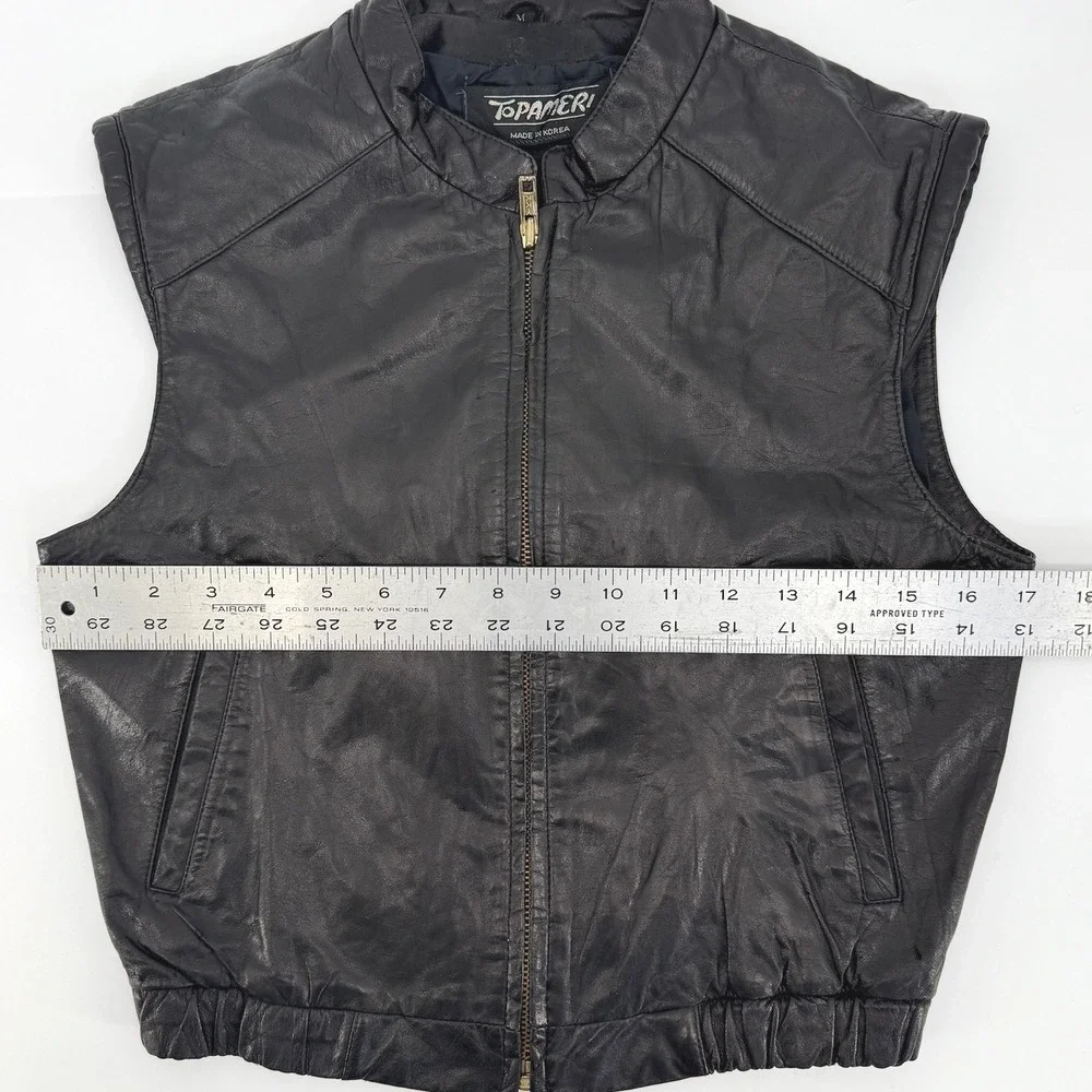 Vintage TOPAMERI Black Genuine Leather Mock Neck Zip Up Fall Vest Women's Size M